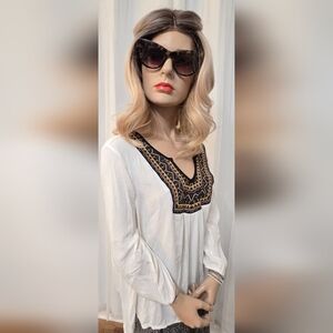 Embroidered White Boho Top Three Quarter Sleeves. Pristine Condition